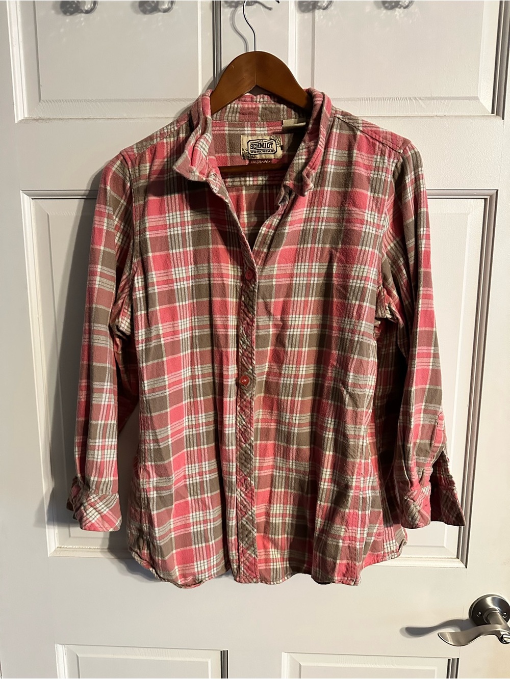 Women’s 1X CE Schmidt Workwear Cozy Pink Plaid Button-Down Shirt
